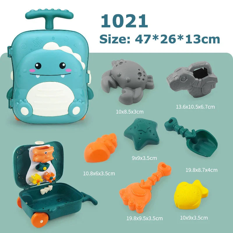 KTX-233875 8-Piece Dinosaur Trolley Case Beach Toy Set for Kids - Outdoor Multi-Play Summer Toys