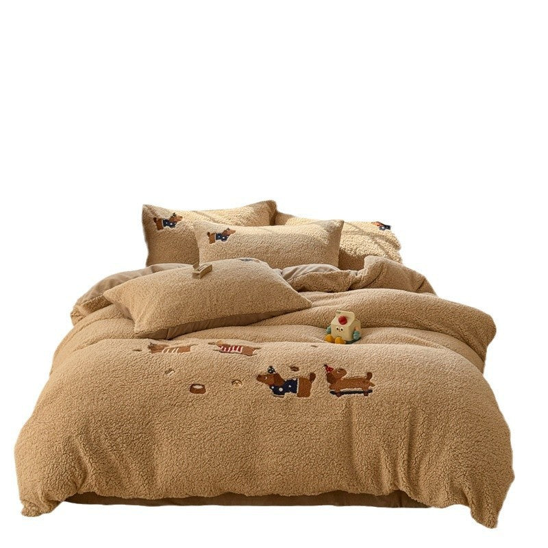 KTX-234579 Cozy Cartoon-Themed Cashmere Winter Bedding Set - Extra Thick, Four-Piece Collection