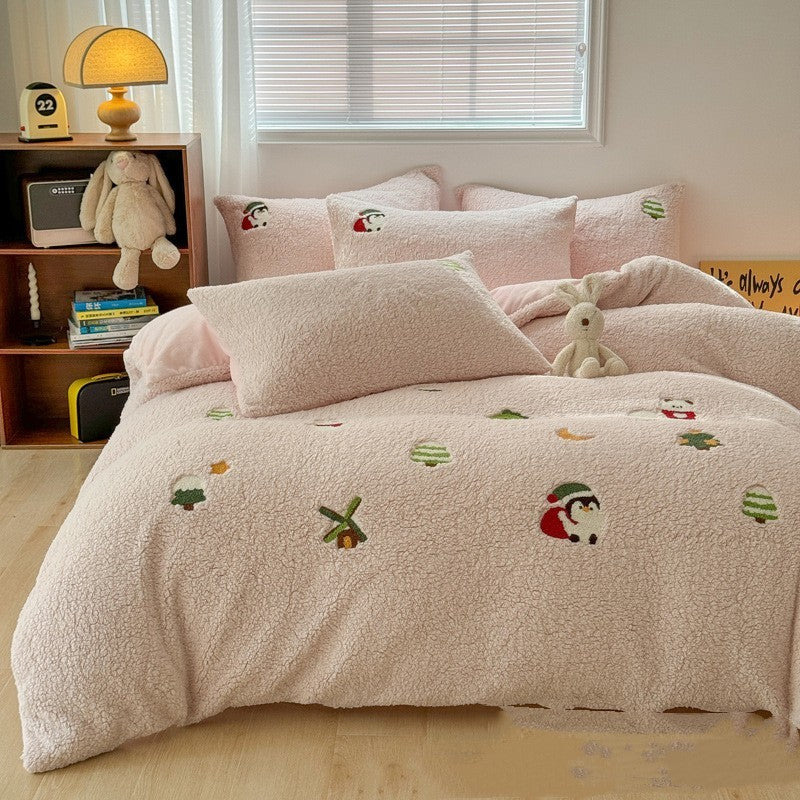 KTX-234579 Cozy Cartoon-Themed Cashmere Winter Bedding Set - Extra Thick, Four-Piece Collection