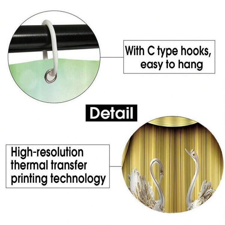 KTX-236627 Waterproof Swan Shower Curtain Set with Bath Mats and U-Shaped Door Mat