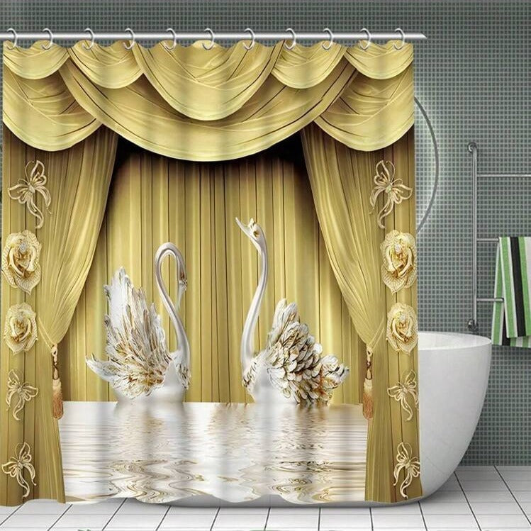 KTX-236627 Waterproof Swan Shower Curtain Set with Bath Mats and U-Shaped Door Mat