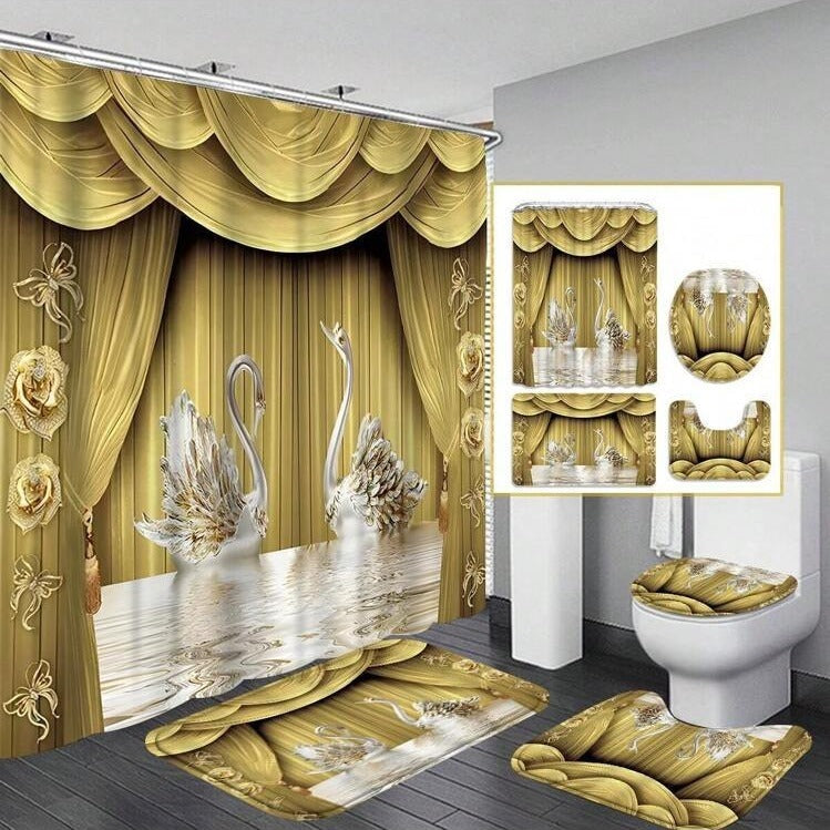 KTX-236627 Waterproof Swan Shower Curtain Set with Bath Mats and U-Shaped Door Mat