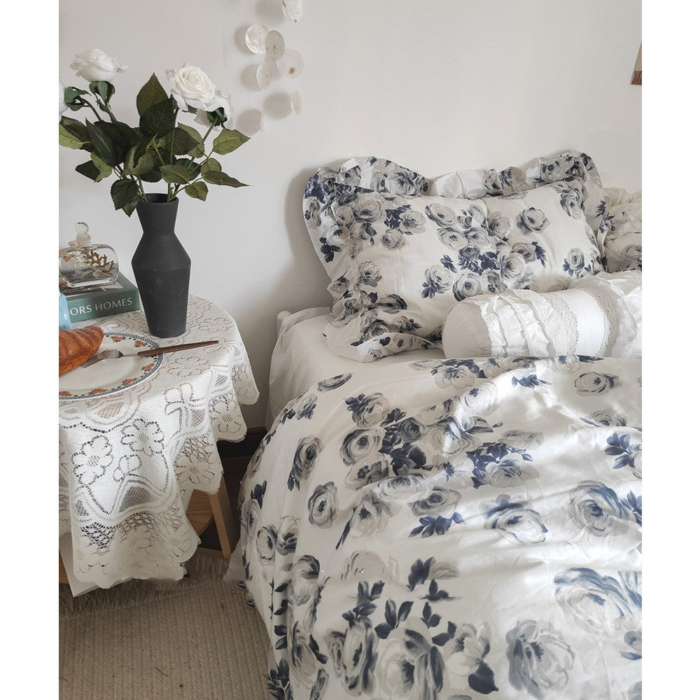 KTX-237075 Vintage Camellia Cotton Four-Piece Duvet Cover and Sheet Set