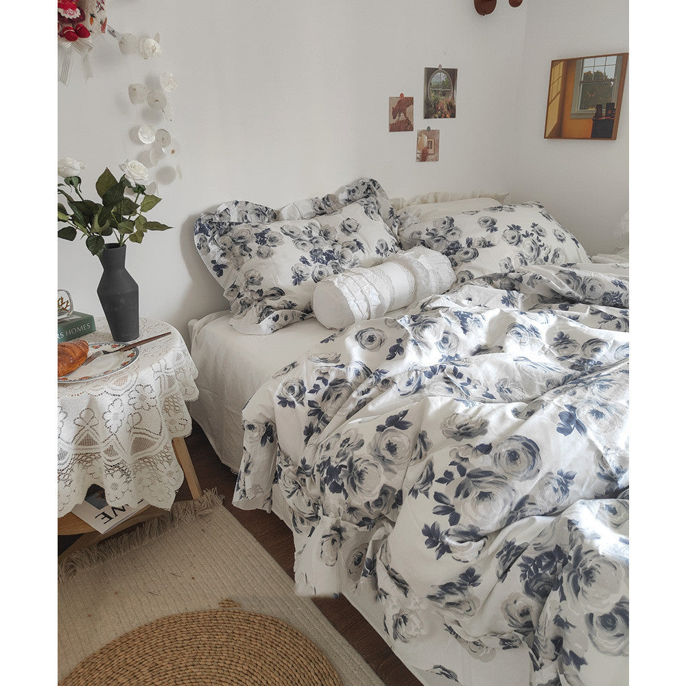 KTX-237075 Vintage Camellia Cotton Four-Piece Duvet Cover and Sheet Set