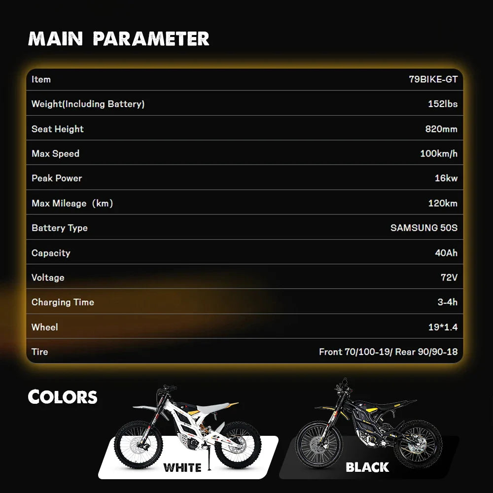 KTX-237779 Falcon GT Electric Dirt Bike 72V 40Ah 16.8KW 120km Range Off-Road Motorcycle