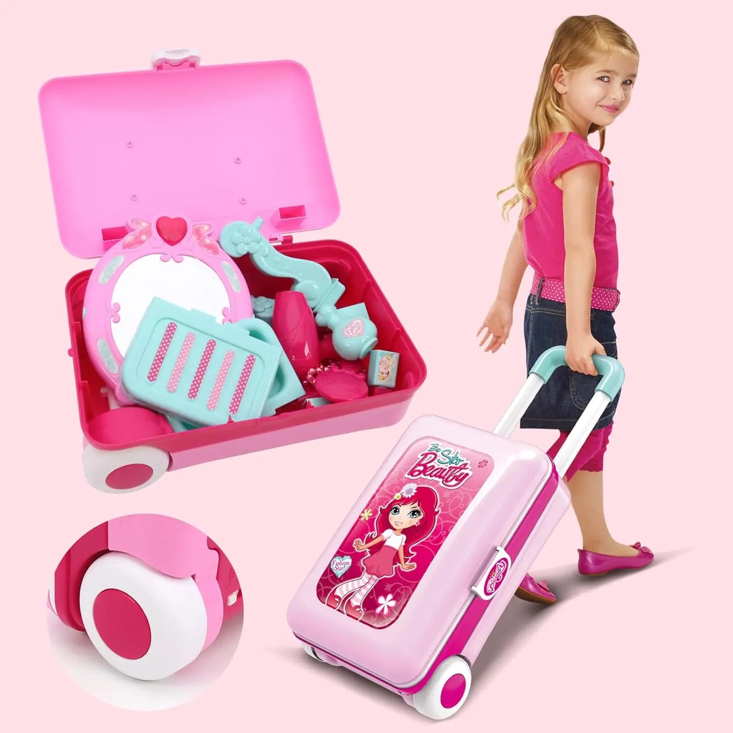 KTX-239059 Kids 2-in-1 Pretend Play Vanity Table with Makeup Set - Girls' Playtime Essentials