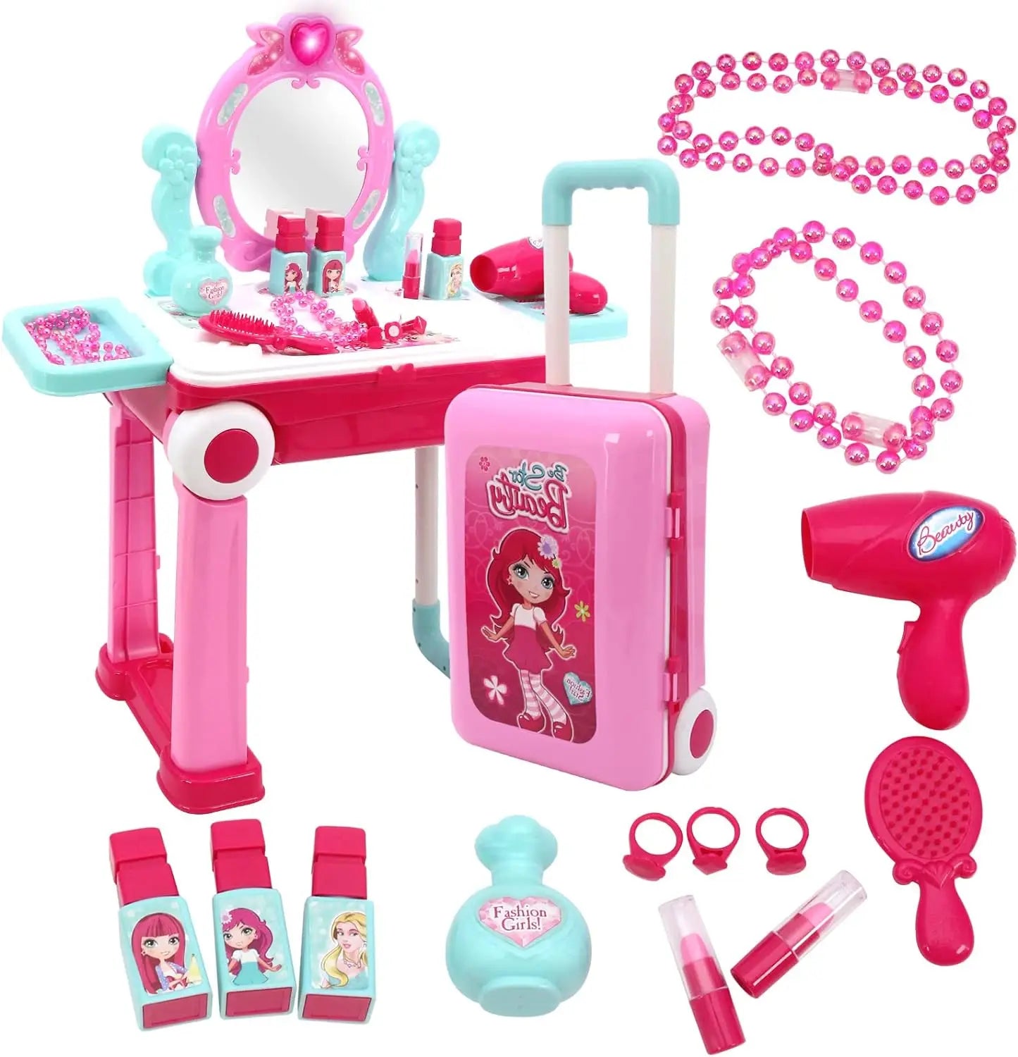 KTX-239059 Kids 2-in-1 Pretend Play Vanity Table with Makeup Set - Girls' Playtime Essentials