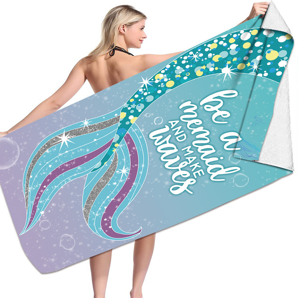 KTX-239955 Microfiber Mermaid-Print Bath Towel - Quick-Drying & Lightweight Rectangular Design