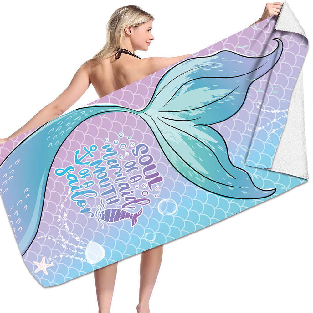 KTX-239955 Microfiber Mermaid-Print Bath Towel - Quick-Drying & Lightweight Rectangular Design