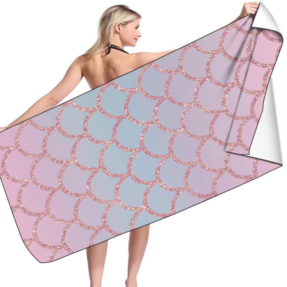 KTX-239955 Microfiber Mermaid-Print Bath Towel - Quick-Drying & Lightweight Rectangular Design