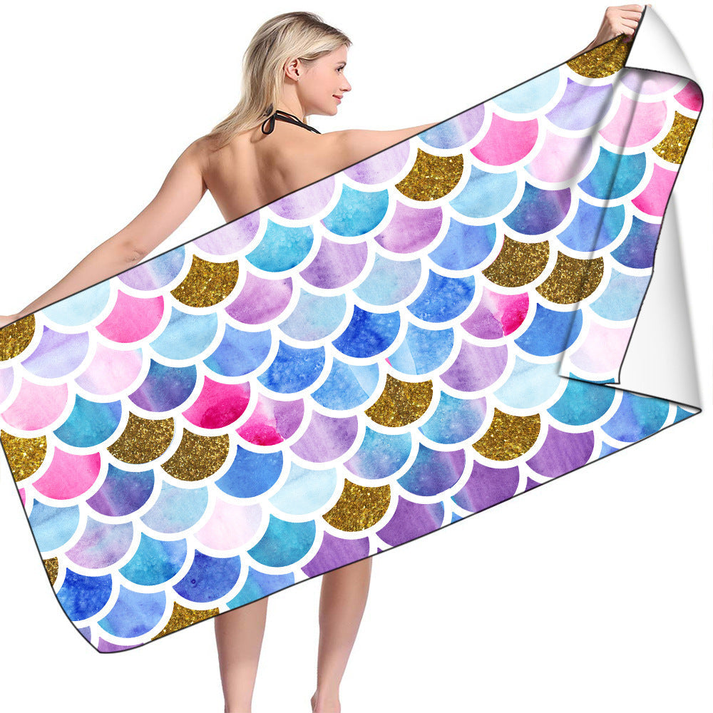 KTX-239955 Microfiber Mermaid-Print Bath Towel - Quick-Drying & Lightweight Rectangular Design