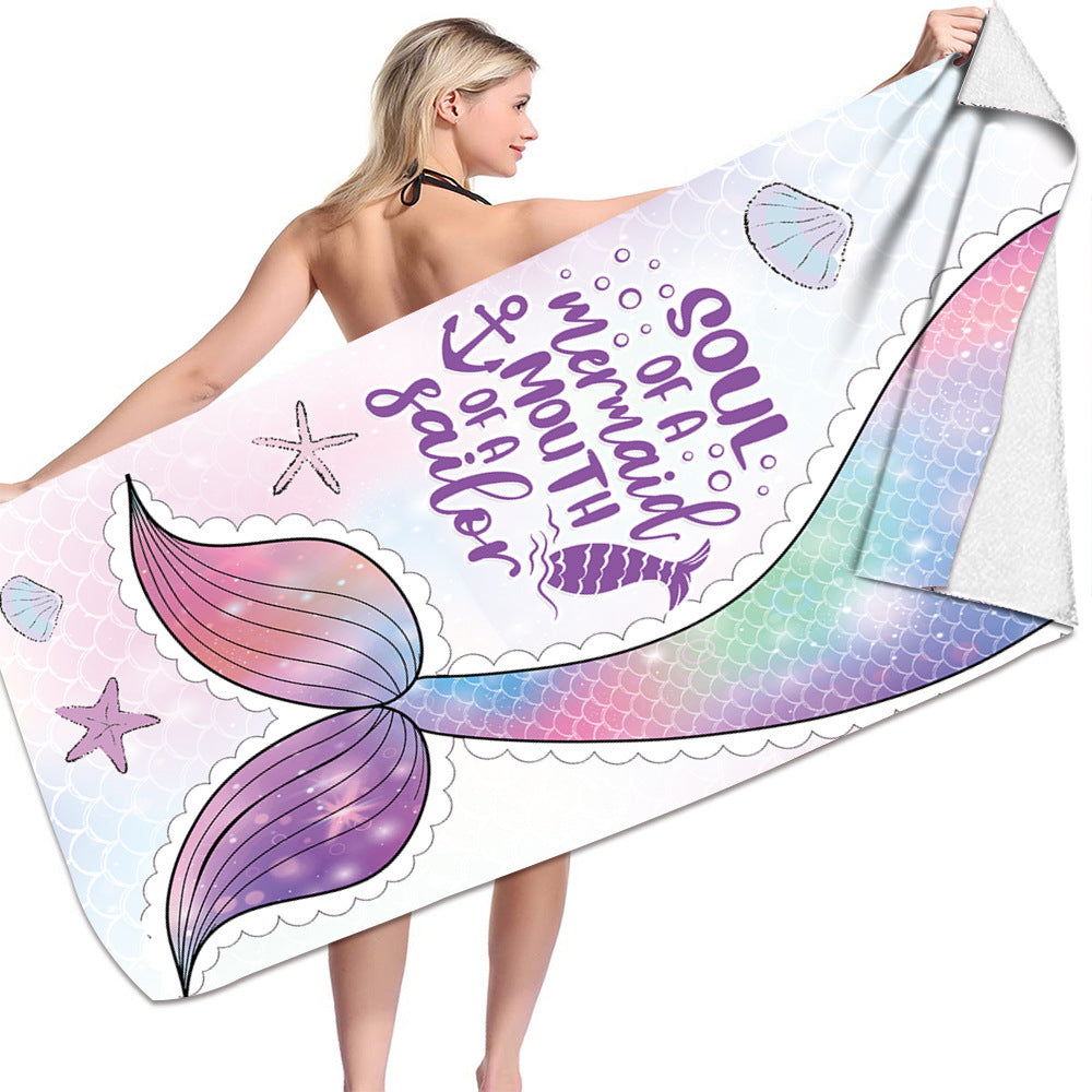 KTX-239955 Microfiber Mermaid-Print Bath Towel - Quick-Drying & Lightweight Rectangular Design