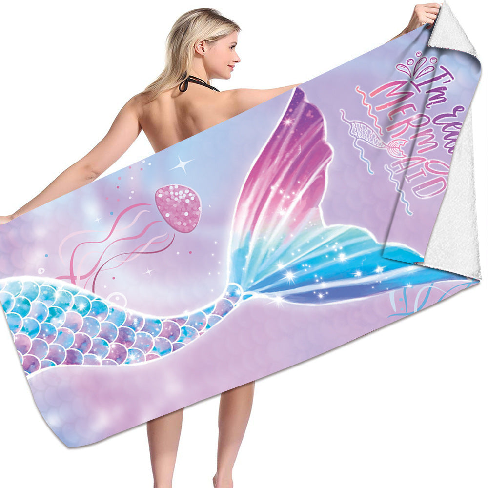 KTX-239955 Microfiber Mermaid-Print Bath Towel - Quick-Drying & Lightweight Rectangular Design