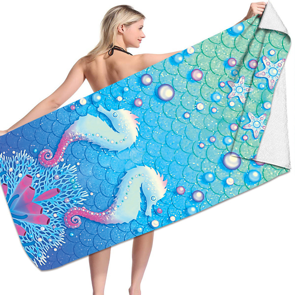 KTX-239955 Microfiber Mermaid-Print Bath Towel - Quick-Drying & Lightweight Rectangular Design