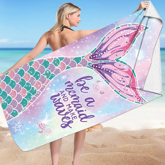 KTX-239955 Microfiber Mermaid-Print Bath Towel - Quick-Drying & Lightweight Rectangular Design