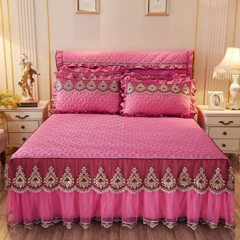 KTX-241491 Quilted Lace Bed Skirt and Cotton Bedspread Set for 1.8m Beds with Various Color Options