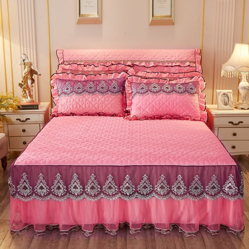 KTX-241491 Quilted Lace Bed Skirt and Cotton Bedspread Set for 1.8m Beds with Various Color Options