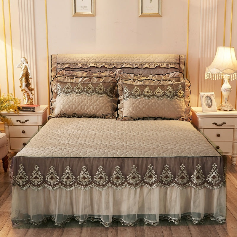 KTX-241491 Quilted Lace Bed Skirt and Cotton Bedspread Set for 1.8m Beds with Various Color Options