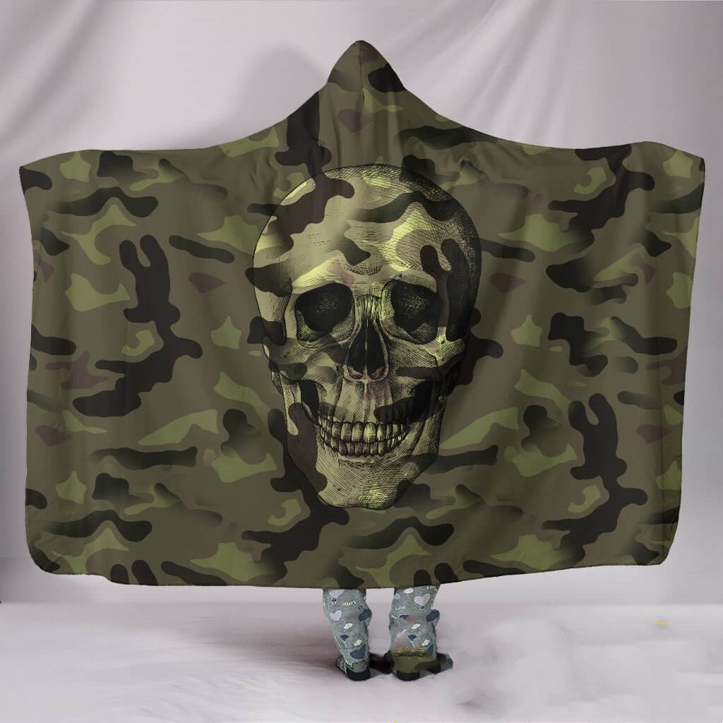 KTX-243667 Camouflage Skull Hooded Blanket - Modern winter flannel, 150x200cm, cozy polyester design