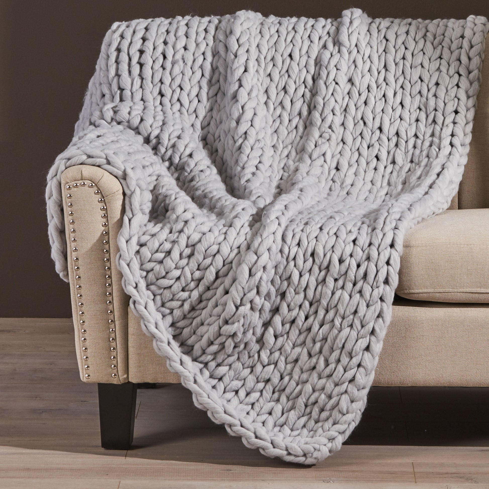 KTX-244307 Silver Knitted Blanket - Cozy Acrylic Fabric, Double-Sided Design, 50x60 Inches