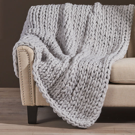 KTX-244307 Silver Knitted Blanket - Cozy Acrylic Fabric, Double-Sided Design, 50x60 Inches