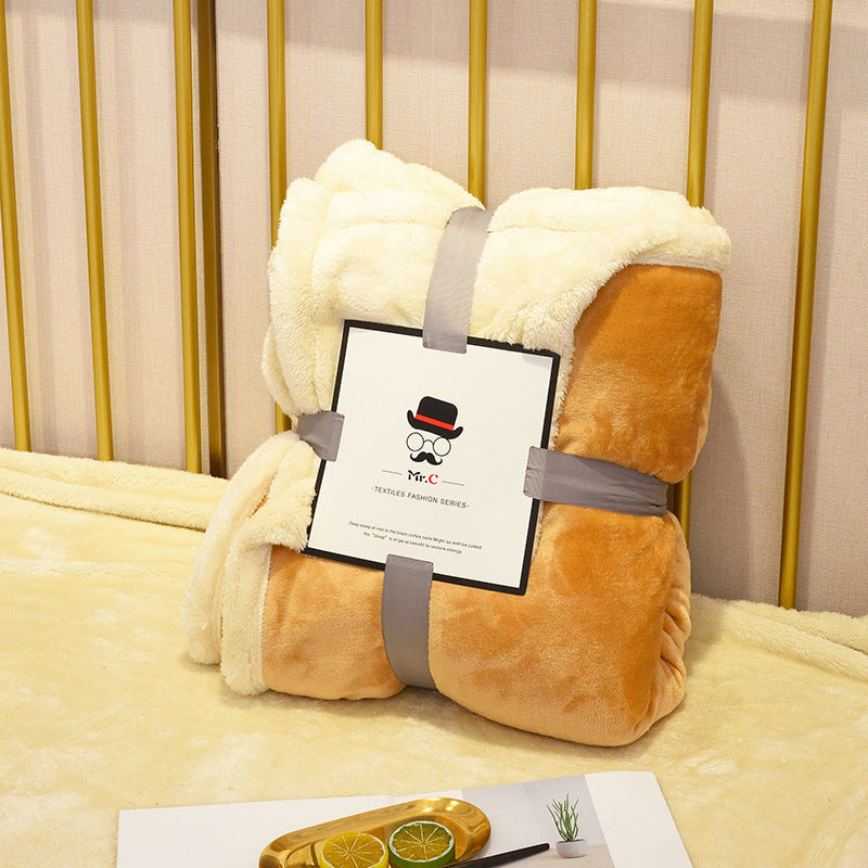 KTX-247059 Double Layer Flannel and Lamb Wool Blanket - Soft Plush Throw for Sofa and Bed