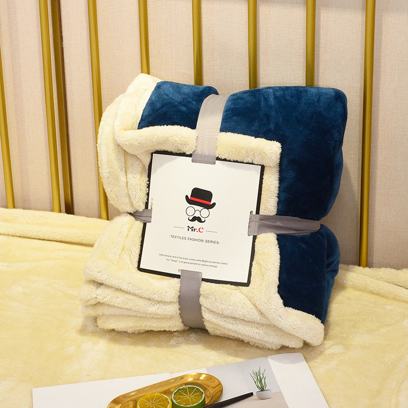 KTX-247059 Double Layer Flannel and Lamb Wool Blanket - Soft Plush Throw for Sofa and Bed