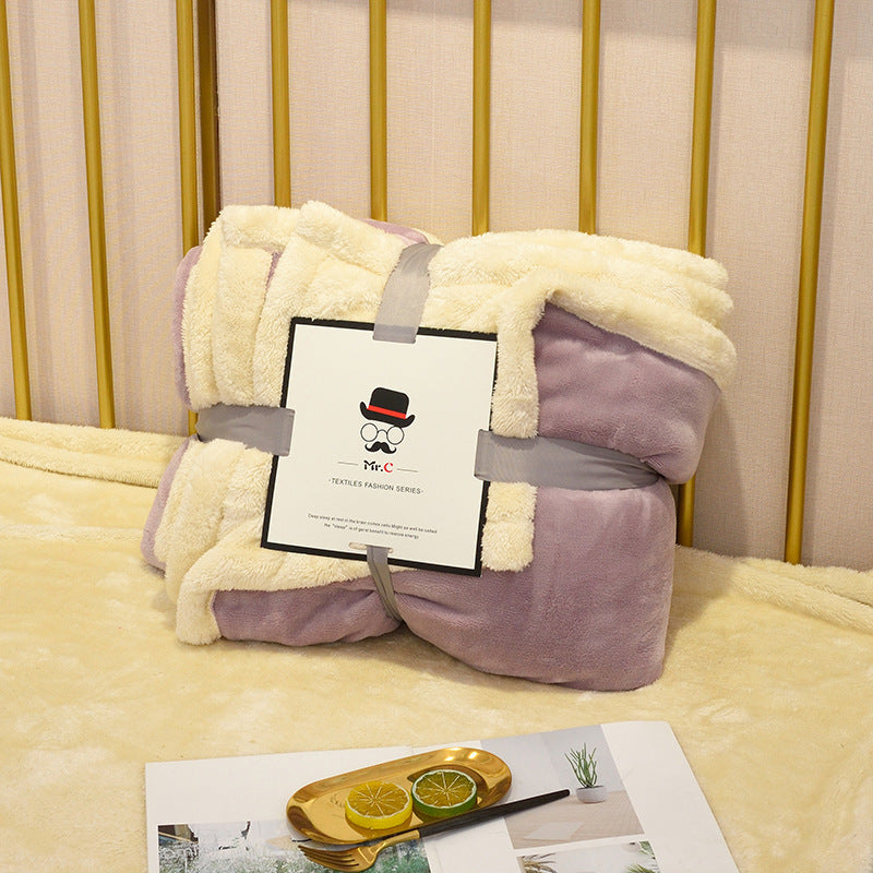 KTX-247059 Double Layer Flannel and Lamb Wool Blanket - Soft Plush Throw for Sofa and Bed