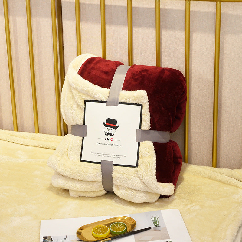 KTX-247059 Double Layer Flannel and Lamb Wool Blanket - Soft Plush Throw for Sofa and Bed