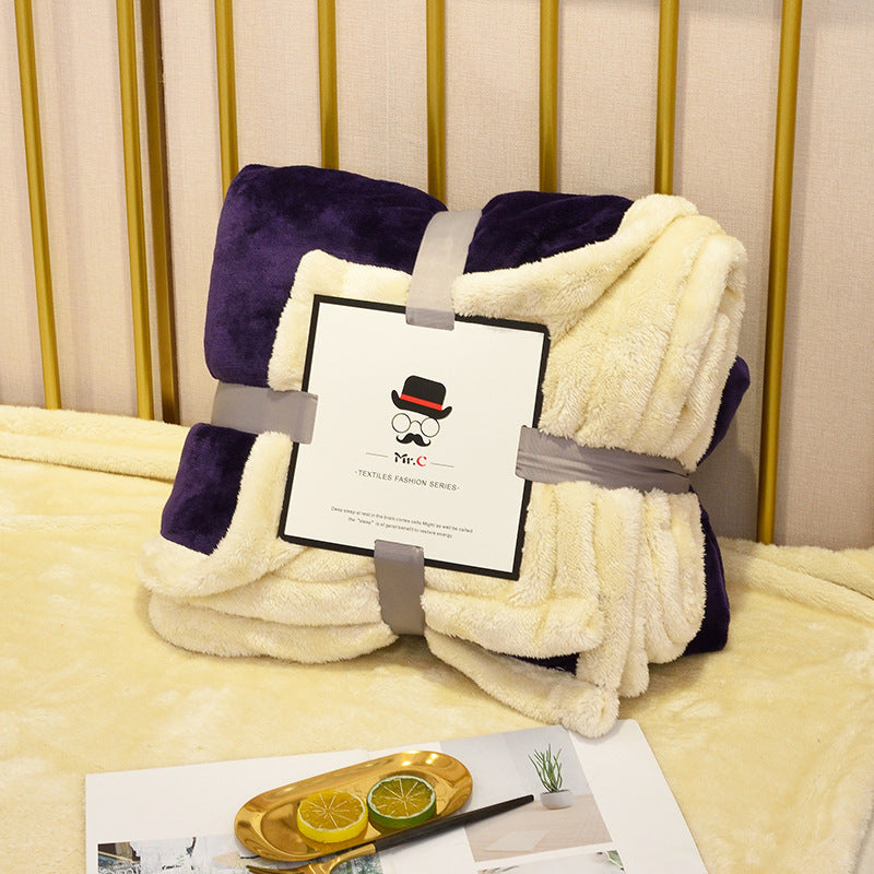 KTX-247059 Double Layer Flannel and Lamb Wool Blanket - Soft Plush Throw for Sofa and Bed