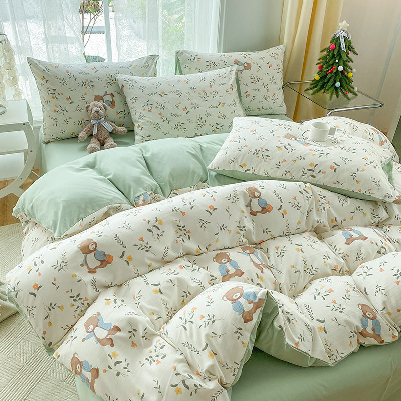 KTX-247443 Soft Pastoral Double-Layer Yarn Bedding Set - Plant and Flower Design, Multiple Sizes Available
