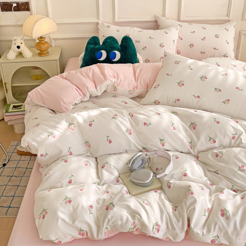 KTX-247443 Soft Pastoral Double-Layer Yarn Bedding Set - Plant and Flower Design, Multiple Sizes Available