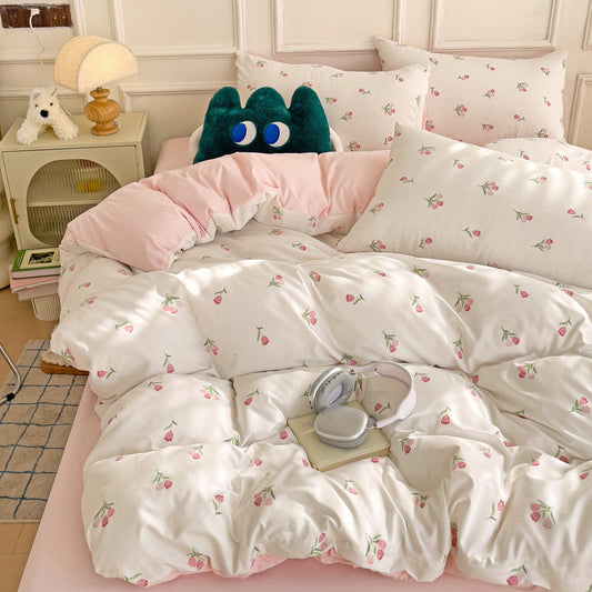 KTX-247443 Soft Pastoral Double-Layer Yarn Bedding Set - Plant and Flower Design, Multiple Sizes Available