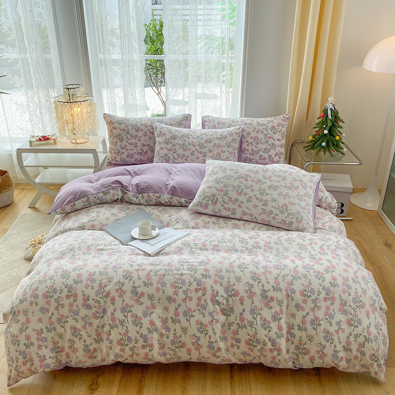 KTX-247443 Soft Pastoral Double-Layer Yarn Bedding Set - Plant and Flower Design, Multiple Sizes Available