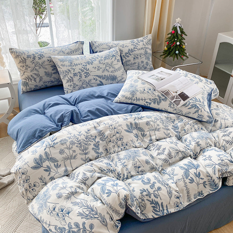 KTX-247443 Soft Pastoral Double-Layer Yarn Bedding Set - Plant and Flower Design, Multiple Sizes Available