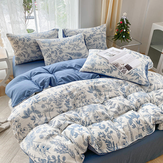 KTX-247443 Soft Pastoral Double-Layer Yarn Bedding Set - Plant and Flower Design, Multiple Sizes Available