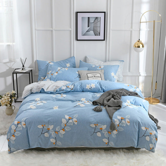 KTX-248275 Combed Cotton Four-Piece Bedding Set in Light Gray with Pastoral Floral Design for 1.5m Beds