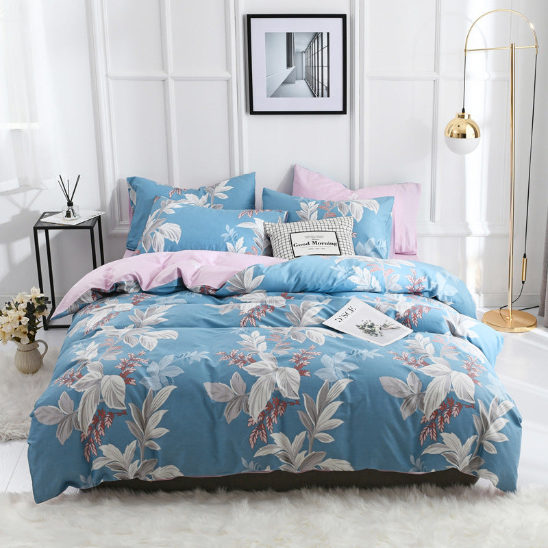 KTX-248275 Combed Cotton Four-Piece Bedding Set in Light Gray with Pastoral Floral Design for 1.5m Beds