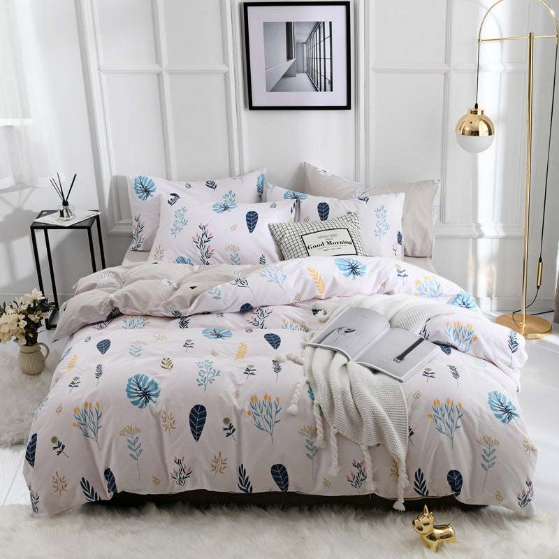 KTX-248275 Combed Cotton Four-Piece Bedding Set in Light Gray with Pastoral Floral Design for 1.5m Beds
