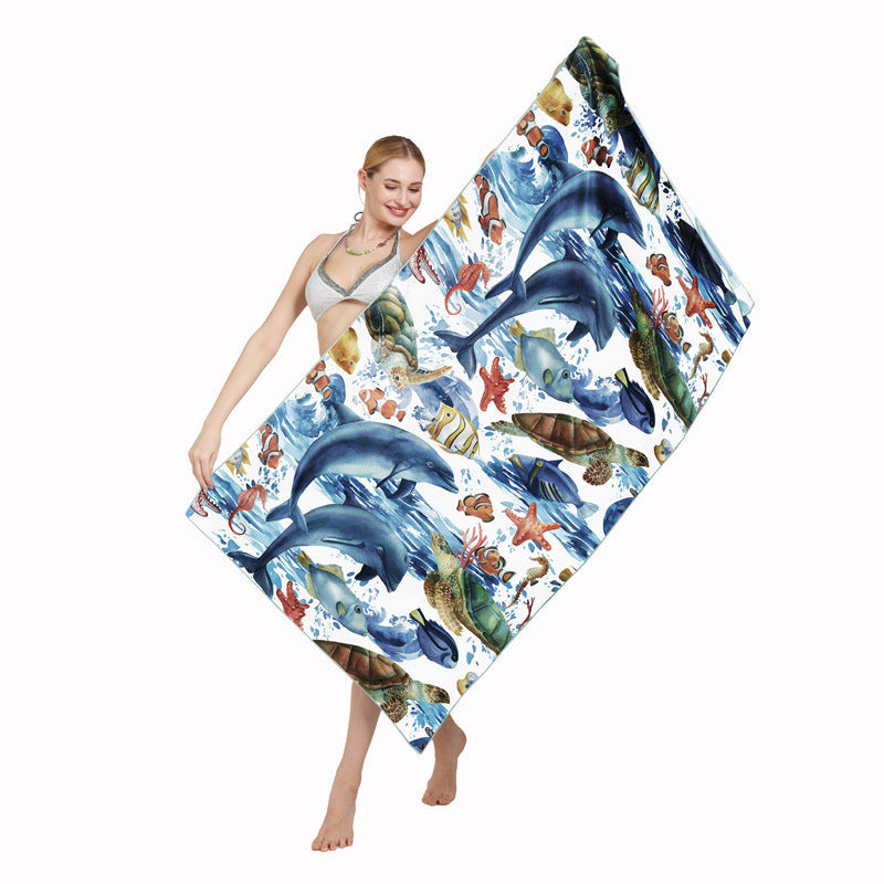 KTX-250003 Quick-drying Microfiber Beach Towel - Duplex Printing Designs: Turtle, Dolphin, Coconut Tree, Pineapple & More