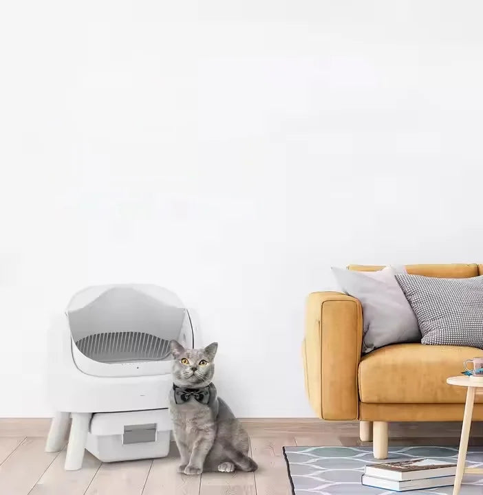 KTX-252179 Extra Large Splash-Proof Cat Litter Box with Easy Clean Drawer - Stainless Steel & Plastic, 65L Capacity