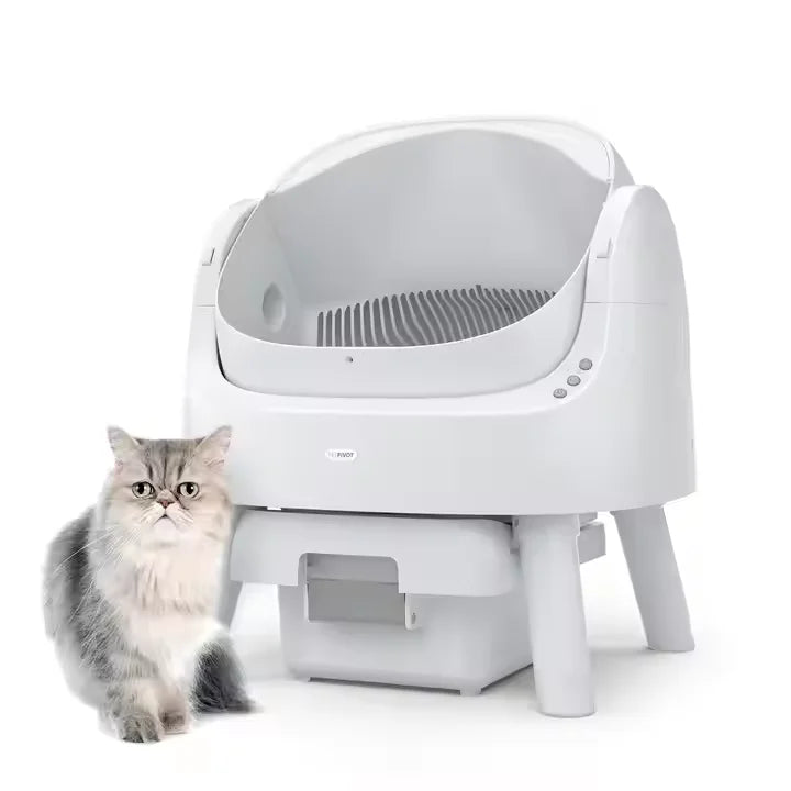 KTX-252179 Extra Large Splash-Proof Cat Litter Box with Easy Clean Drawer - Stainless Steel & Plastic, 65L Capacity