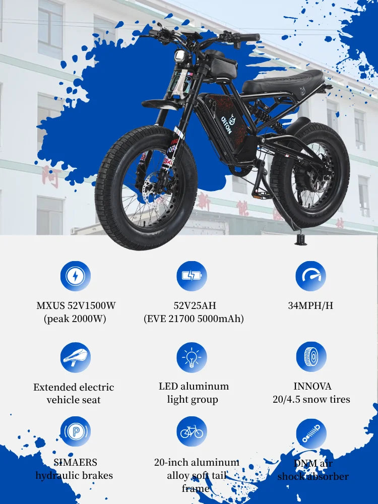 KTX-253587 A powerful 52V 1500W Fat Tire Electric Bike with 7 Speed Gears, 55 km/h Top Speed, and Robust Aluminum Alloy Frame