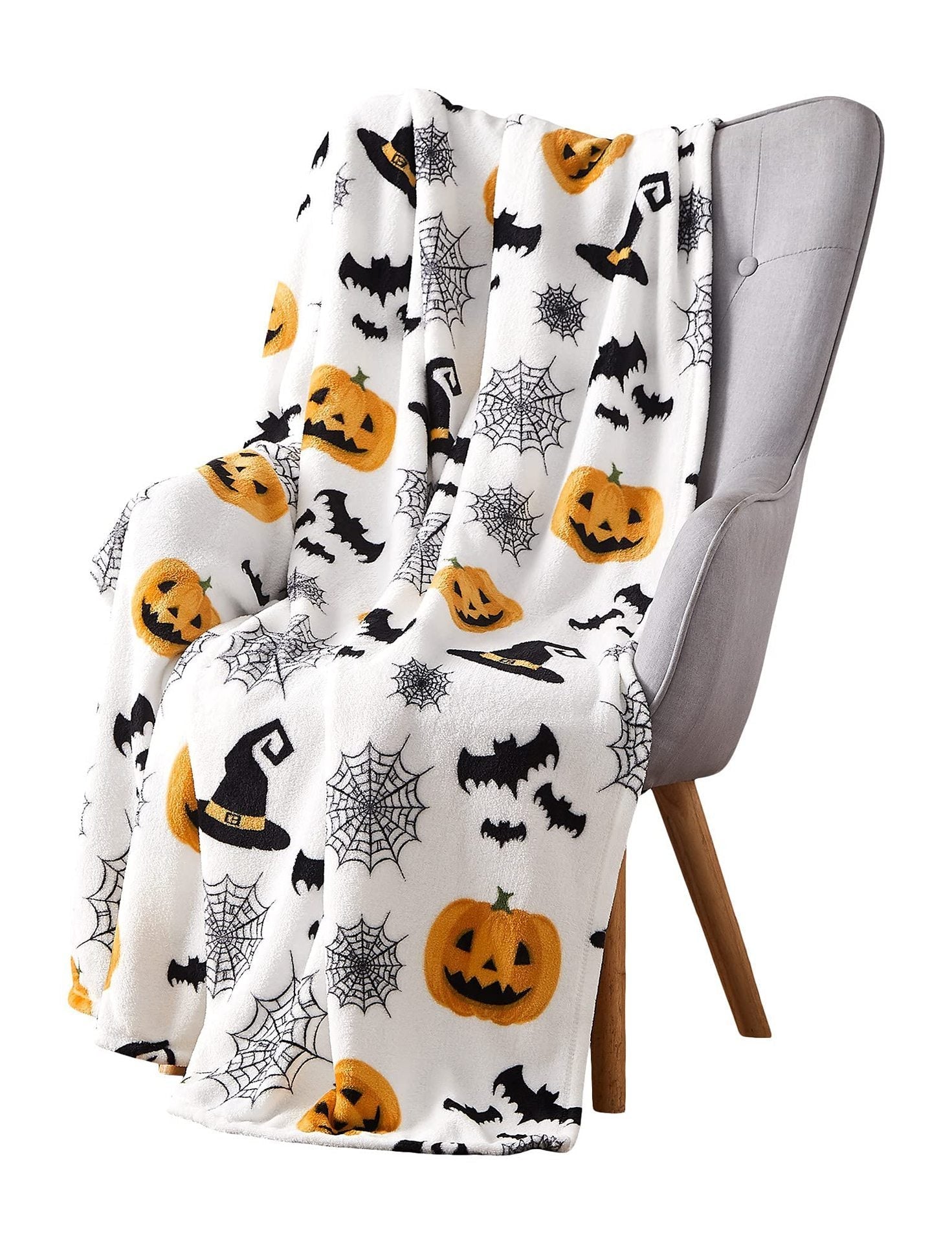 KTX-254035 Halloween Pumpkin Bat Flannel Blanket - Soft Polyester Fiber, Multiple Sizes Available
