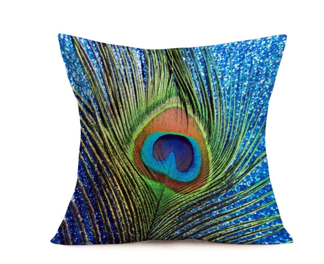 KTX-256019 Peacock Print Linen Cushion Cover, 45x45 cm, 100% Linen