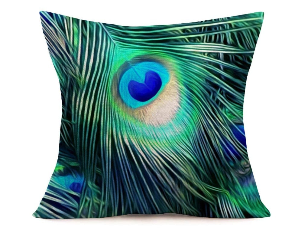 KTX-256019 Peacock Print Linen Cushion Cover, 45x45 cm, 100% Linen