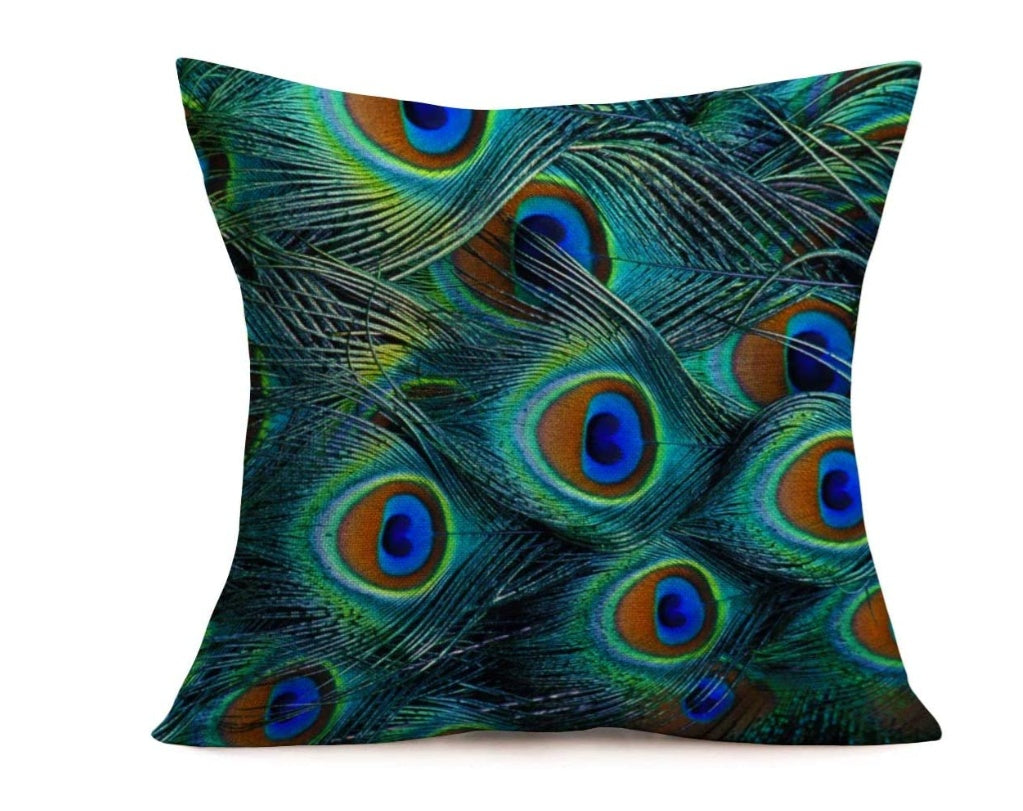 KTX-256019 Peacock Print Linen Cushion Cover, 45x45 cm, 100% Linen