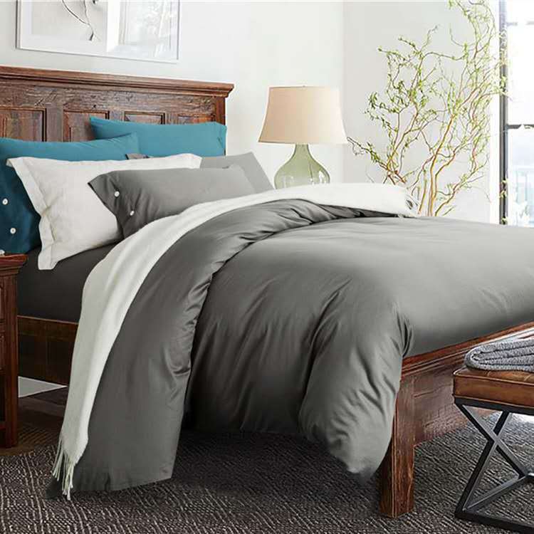 KTX-256147 Solid Color Long-Staple Cotton Bedding Set - 4-Piece Satin Style in Light Gray