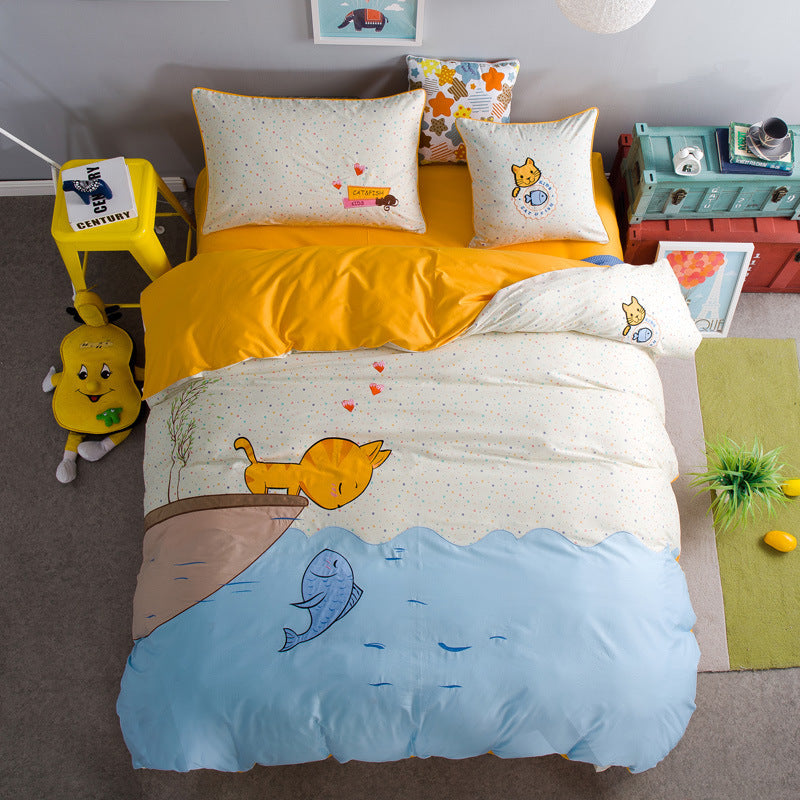 KTX-261715 Korean Cartoon Style Cotton Bedding Set for 1.5m Bed - Pure Cotton, Embroidered Design