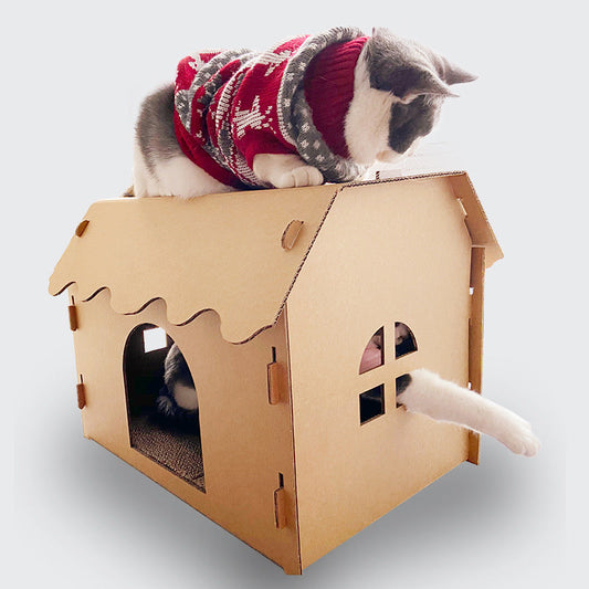KTX-262227 Double-Layer Corrugated Pet Cat Litter House - Villa Nest Design in Large and Medium Sizes